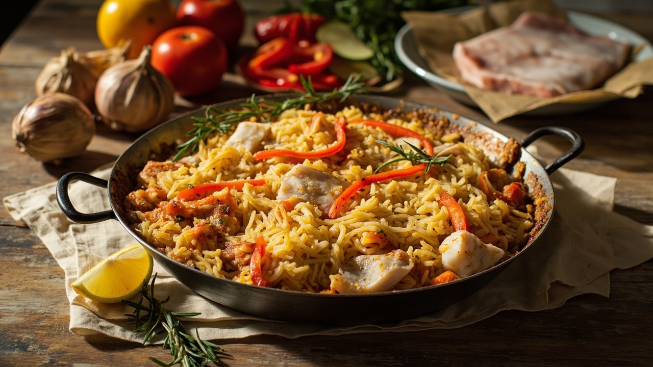 Valencian Baked Rice with Cod and Bell Pepper