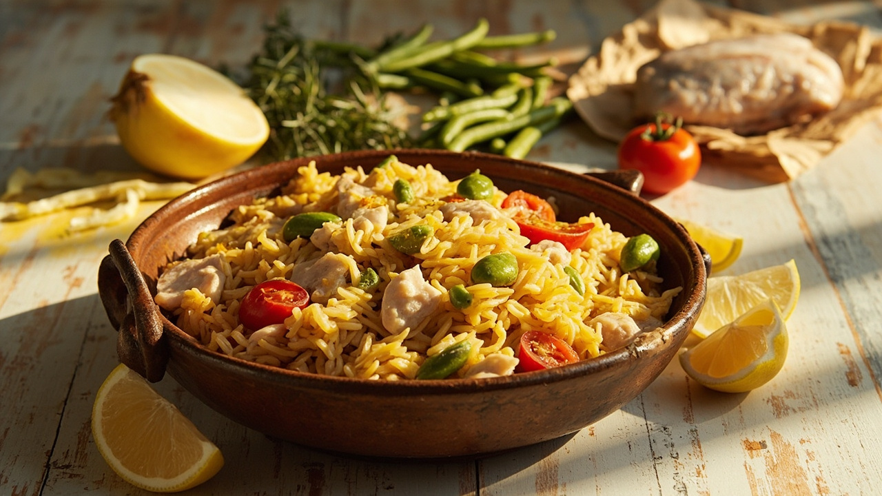 Valencian Baked Rice with Cod, Tomatoes and Saffron