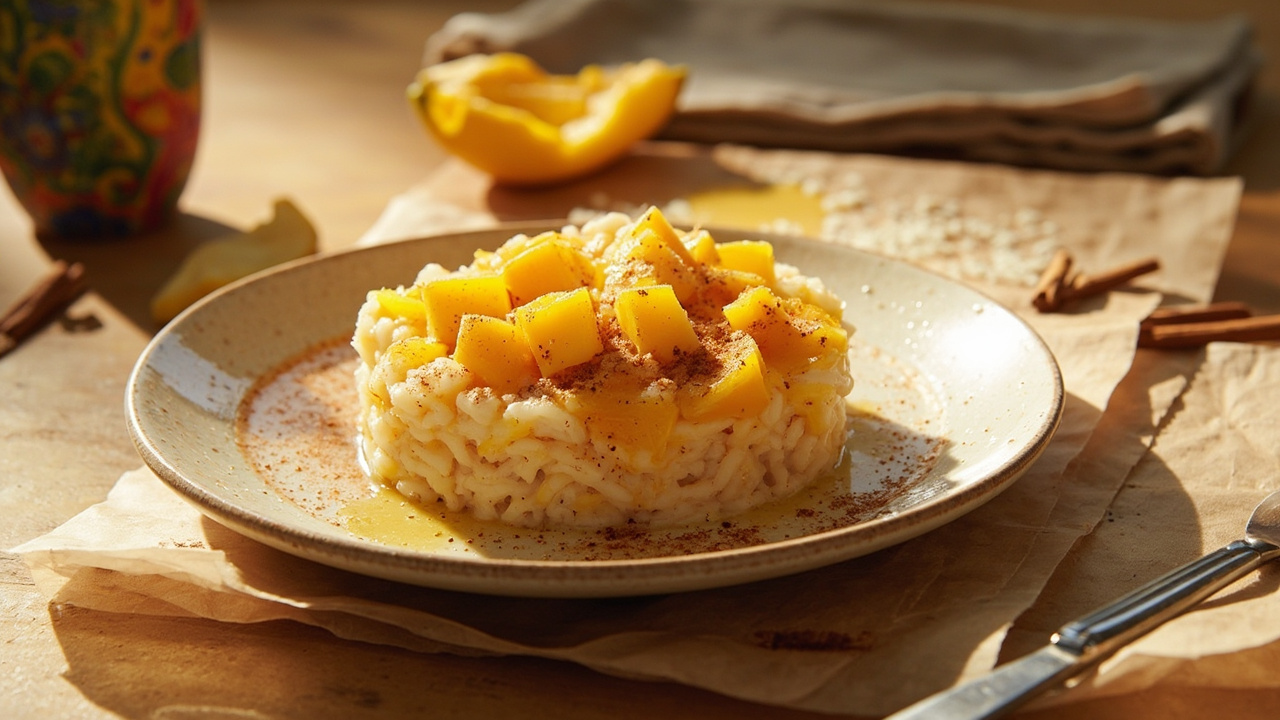 Venezuelan Arroz con Dulce with Coconut Oil and Mango