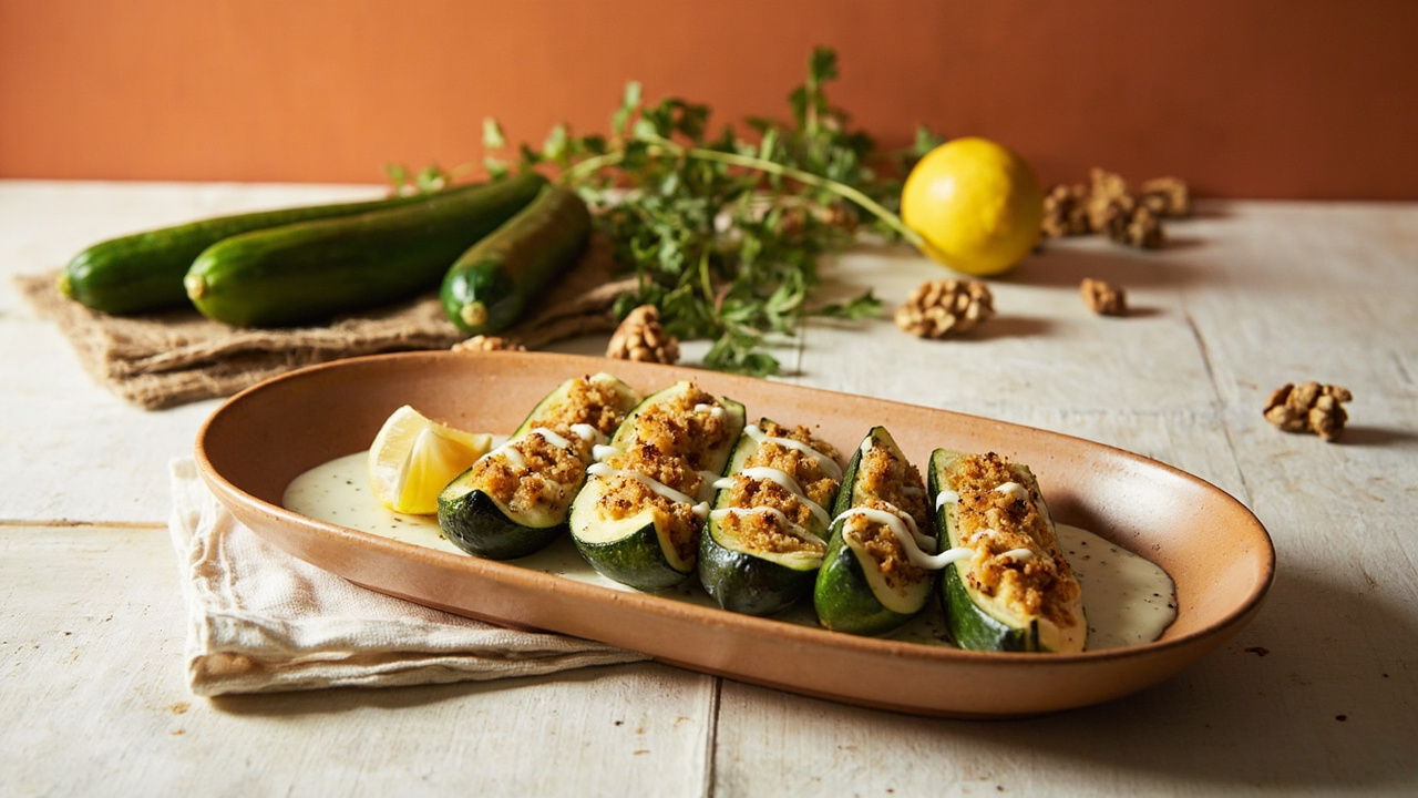 Walnut and Herb Stuffed Zucchini with Yogurt Sauce
