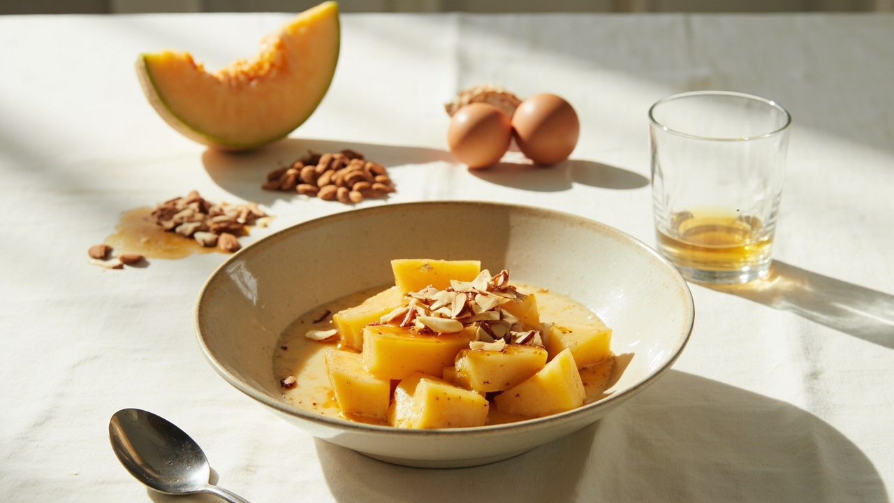 Warm Cantaloupe Almond Custard with Honey Drizzle