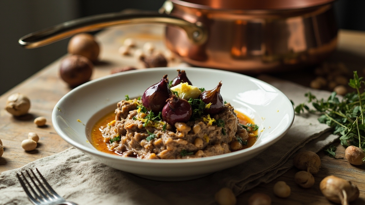 Warm Pinto Bean and Mushroom Spread with Wine-Reduced Shallots