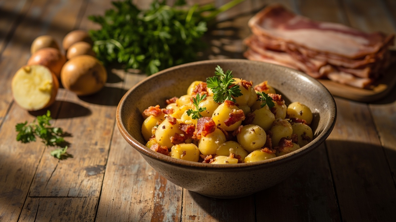 Warm Potato and Bacon Salad with Mustard and Parsley