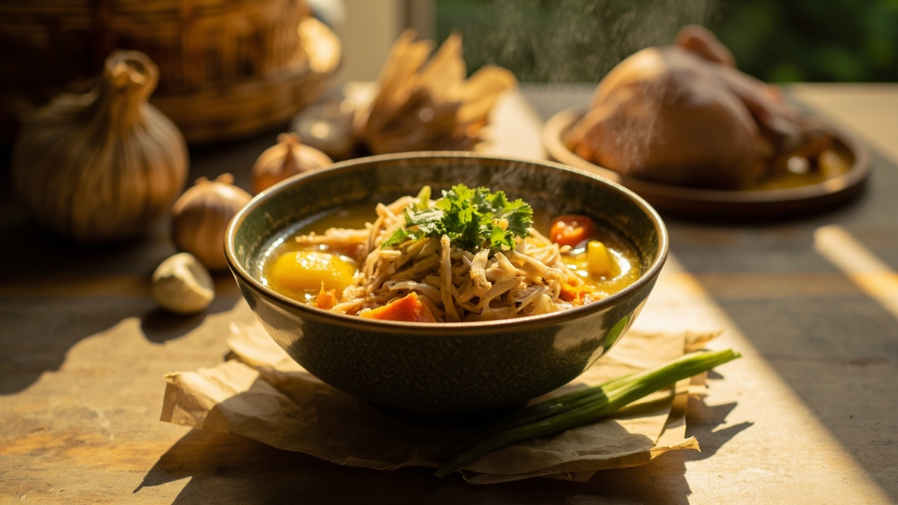 Warming Soto Ayam with Shredded Chicken