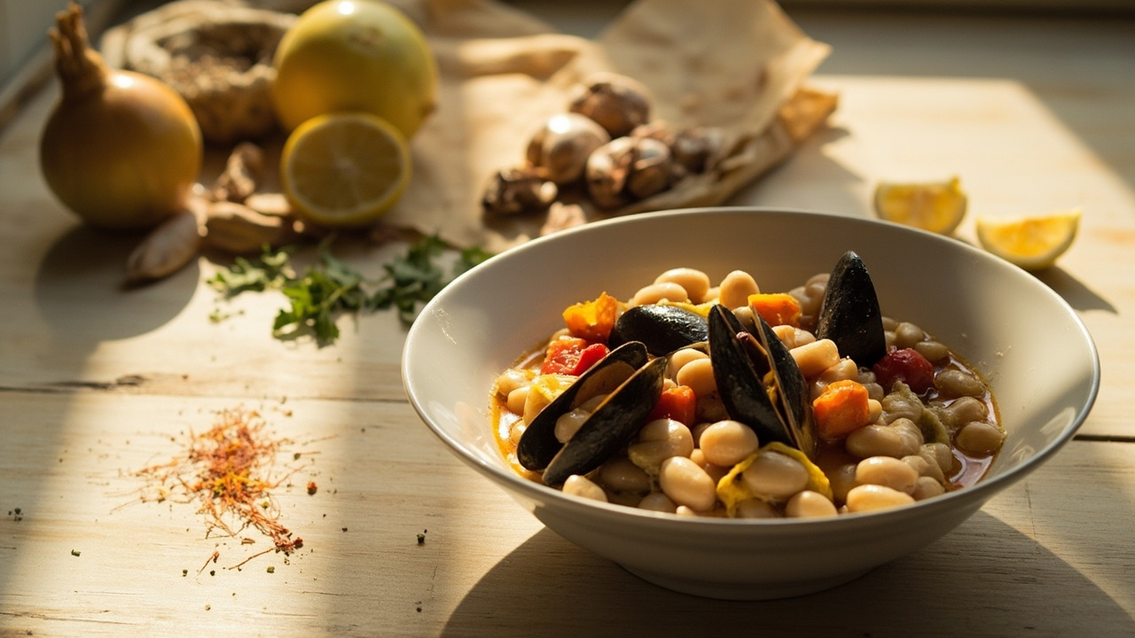 White Beans Braised with Mussels and Tomatoes