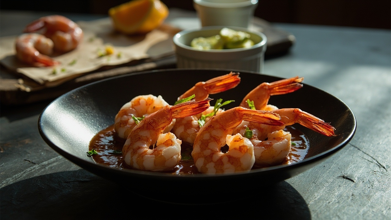 Yogurt and Citrus‑Marinated Shrimp with Cocoa‑Orange Sauce