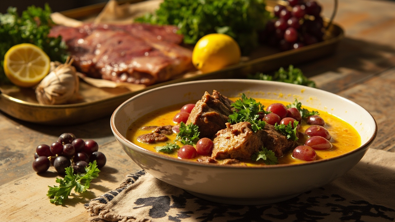 Yogurt and Saffron Braised Lamb with Grapes