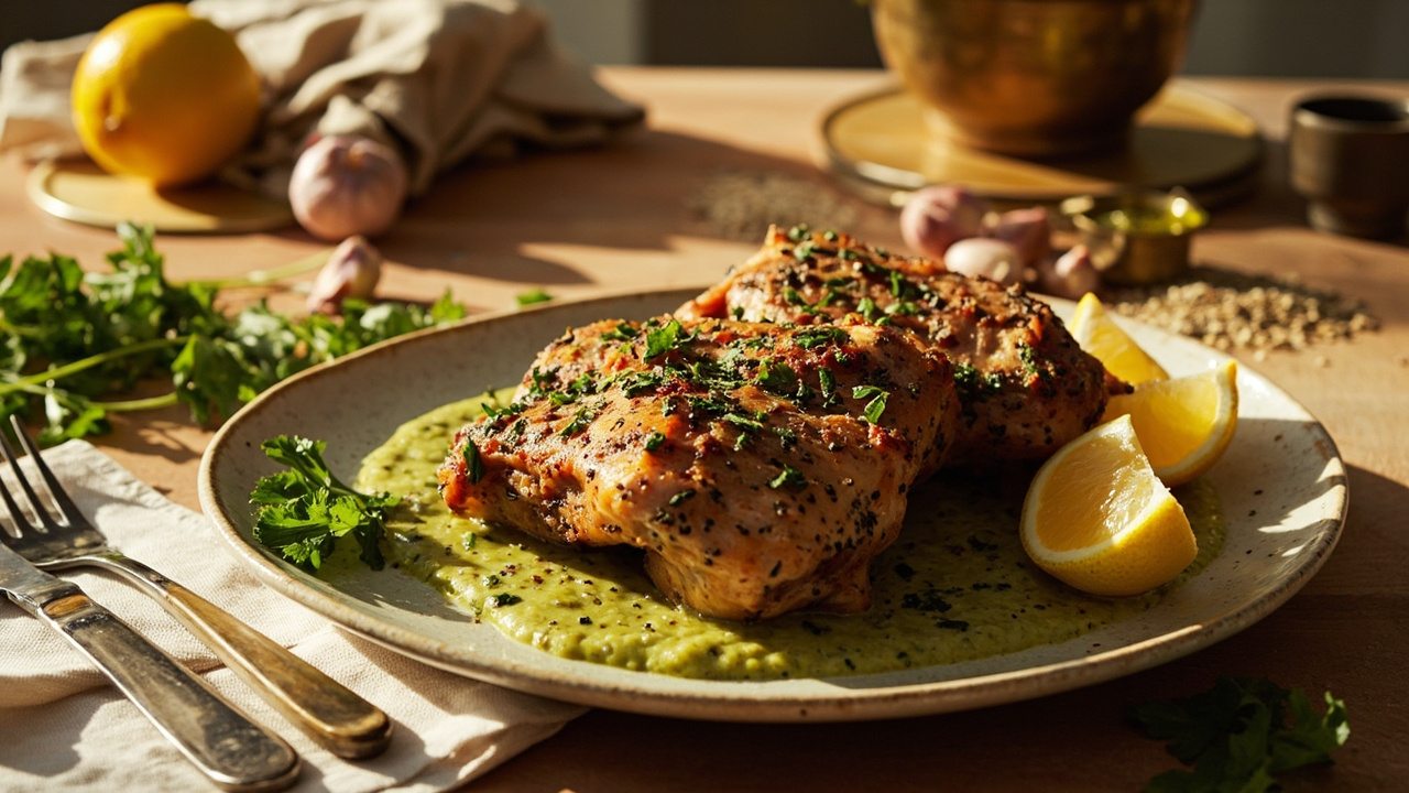 Za'atar Roasted Chicken Thighs with Lemon-Herb Sauce