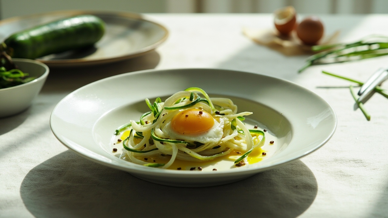Zucchini ribbons with soft egg and chives